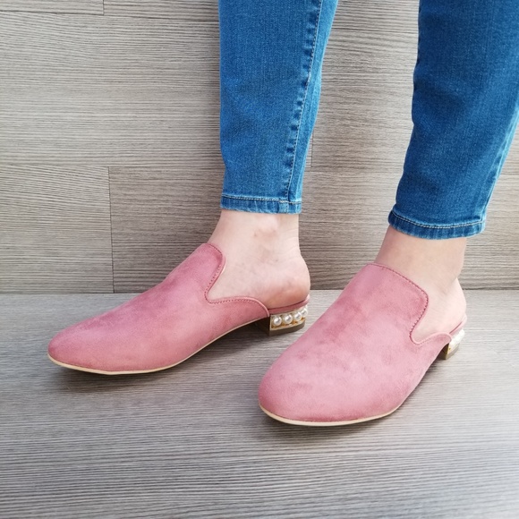 Suede Slip On Loafer Mule Pearl Accents on Heel - Picture 7 of 7